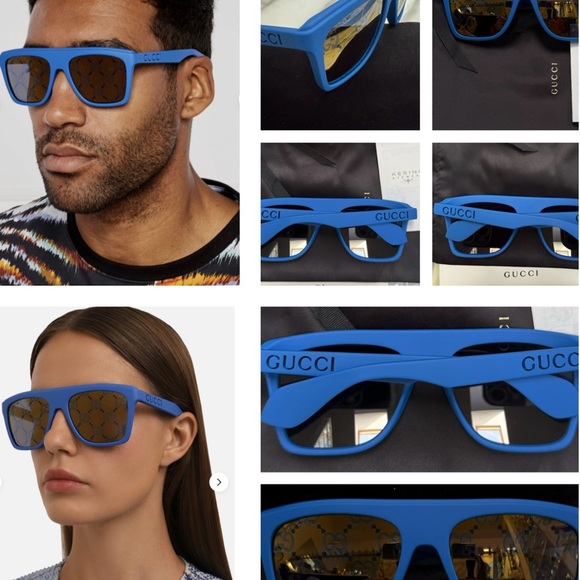 GUCCI MATTE BLUE GREY MIRRORED “GG” MONOGRAM SQUARE SUNGLASSES - Picture 5 of 16